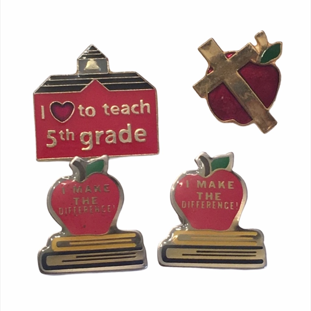 4 Teacher Pins, Gold Tone, Red